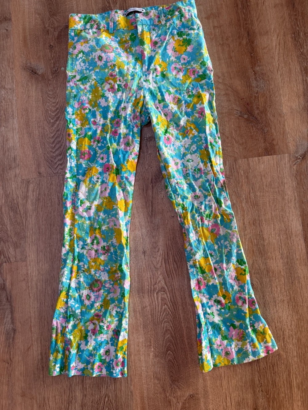Zara Teal Linen Pants  with Yellow & Pink Accents